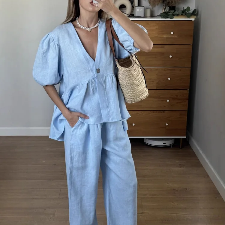 Mumaroho 2025 Women Spring Summer Holiday Pant Set Suits Cotton Solid Outfits V-neck 2 Two Piece Matching Set For Women
