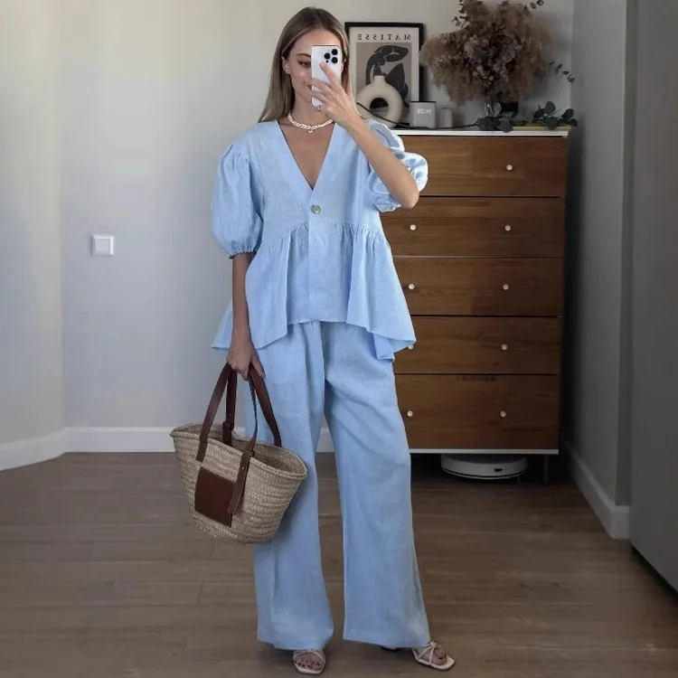 Mumaroho 2025 Women Spring Summer Holiday Pant Set Suits Cotton Solid Outfits V-neck 2 Two Piece Matching Set For Women