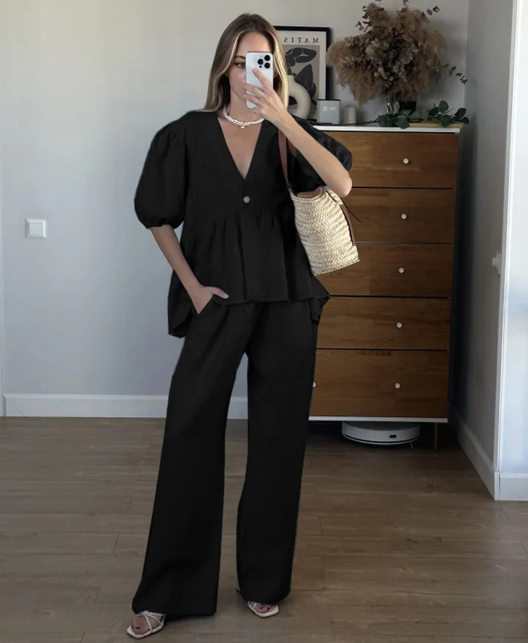 Mumaroho 2025 Women Spring Summer Holiday Pant Set Suits Cotton Solid Outfits V-neck 2 Two Piece Matching Set For Women