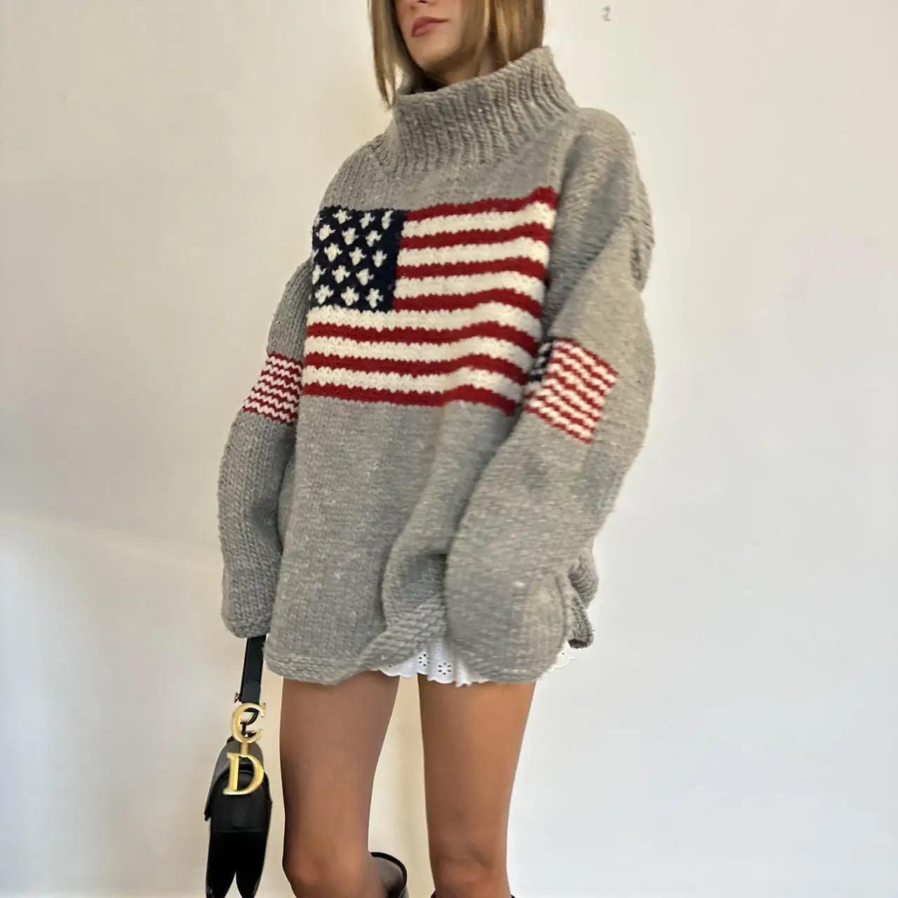 European and American Autumn and Winter Design Sense Flag Print Knit Sweater Casual Loose Round Neck Pullover Sweater