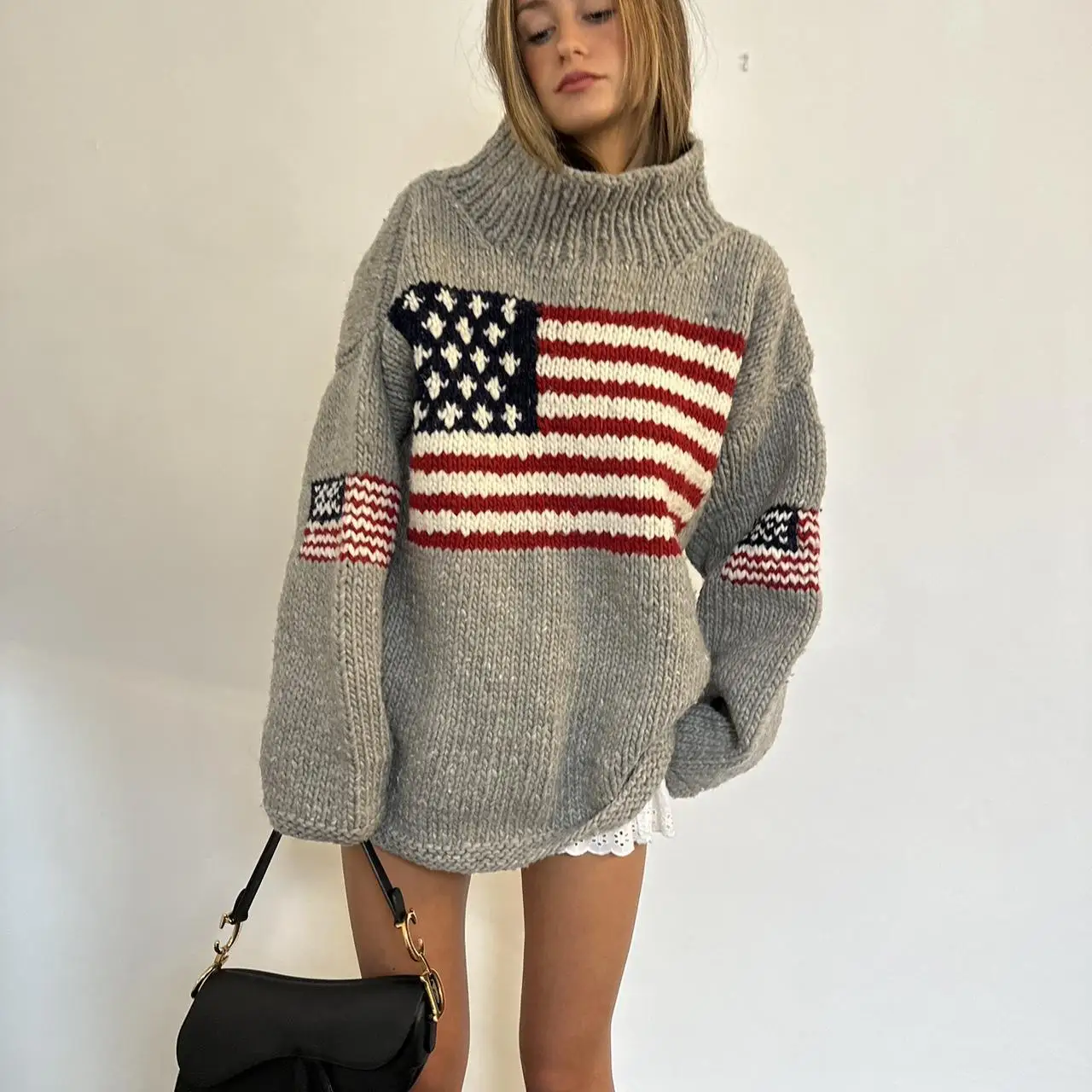 European and American Autumn and Winter Design Sense Flag Print Knit Sweater Casual Loose Round Neck Pullover Sweater