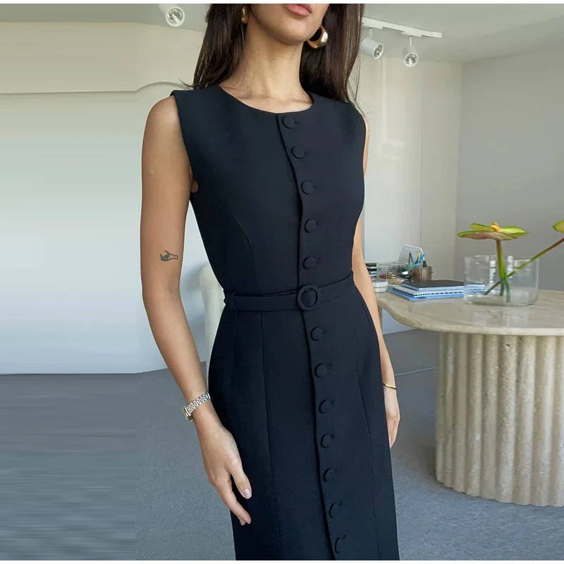 Elegant Single Breasted Tank Dress Women Belts Sleeveless O-neck Slim Solid 2025 Spring Dresses Commute Street Split Lady Robe