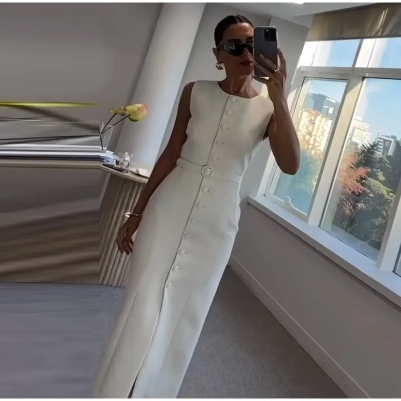 Elegant Single Breasted Tank Dress Women Belts Sleeveless O-neck Slim Solid 2025 Spring Dresses Commute Street Split Lady Robe