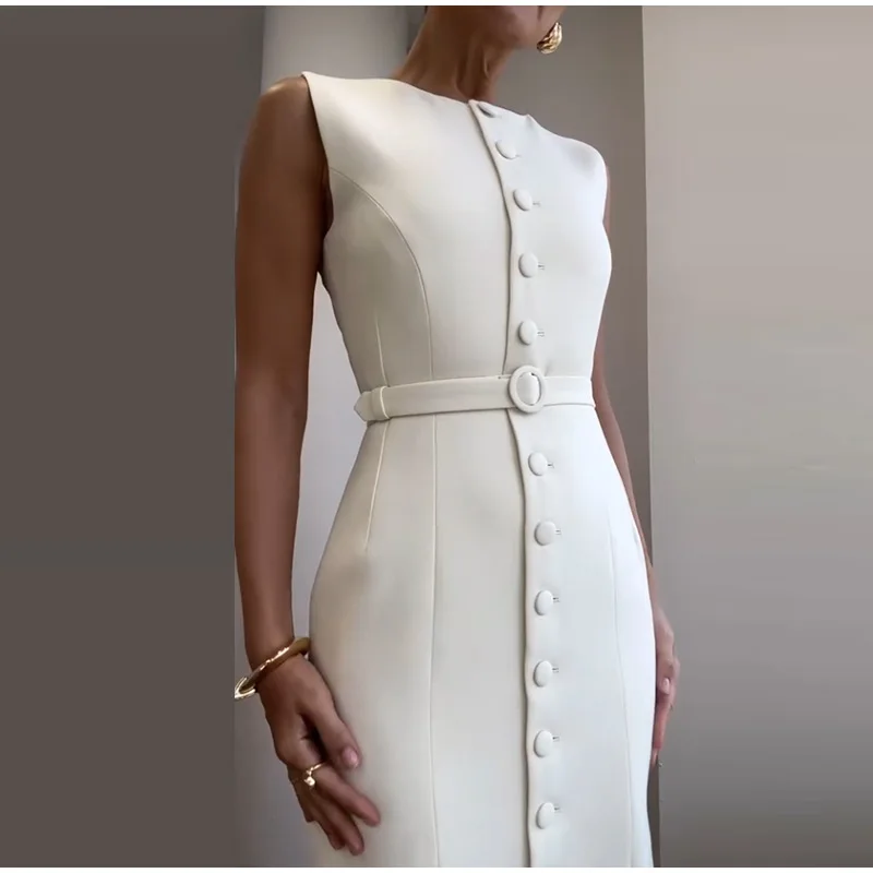 Elegant Single Breasted Tank Dress Women Belts Sleeveless O-neck Slim Solid 2025 Spring Dresses Commute Street Split Lady Robe