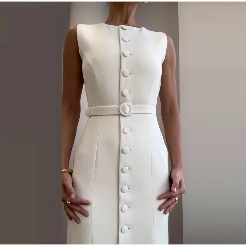 Elegant Single Breasted Tank Dress Women Belts Sleeveless O-neck Slim Solid 2025 Spring Dresses Commute Street Split Lady Robe