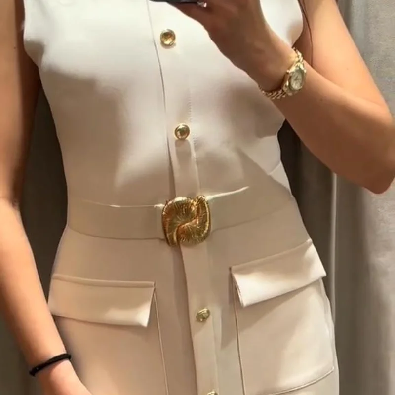 Elegant Single Breasted Tank Dress Women Belts Sleeveless O-neck Slim Solid 2025 Spring Dresses Commute Street Split Lady Robe