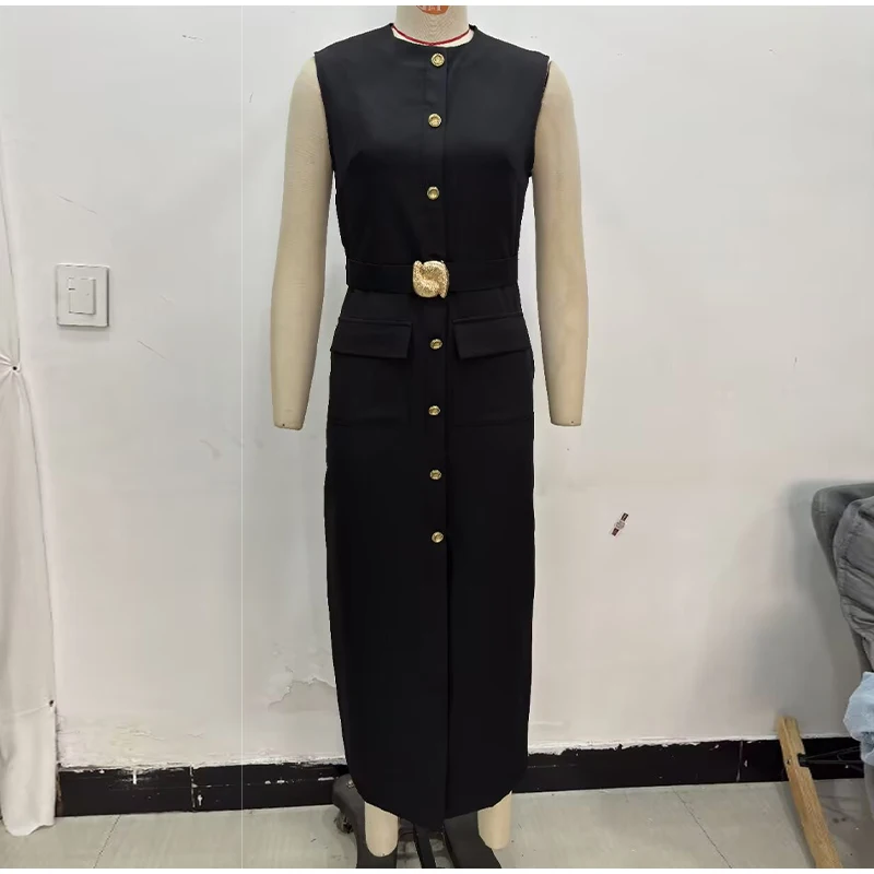 Elegant Single Breasted Tank Dress Women Belts Sleeveless O-neck Slim Solid 2025 Spring Dresses Commute Street Split Lady Robe