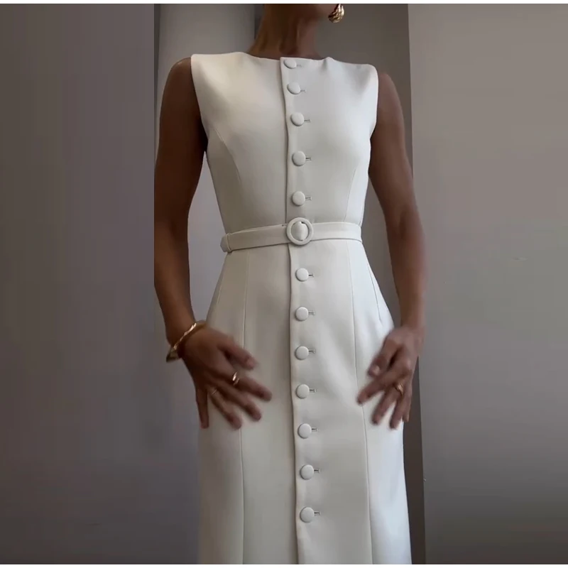 Elegant Single Breasted Tank Dress Women Belts Sleeveless O-neck Slim Solid 2025 Spring Dresses Commute Street Split Lady Robe