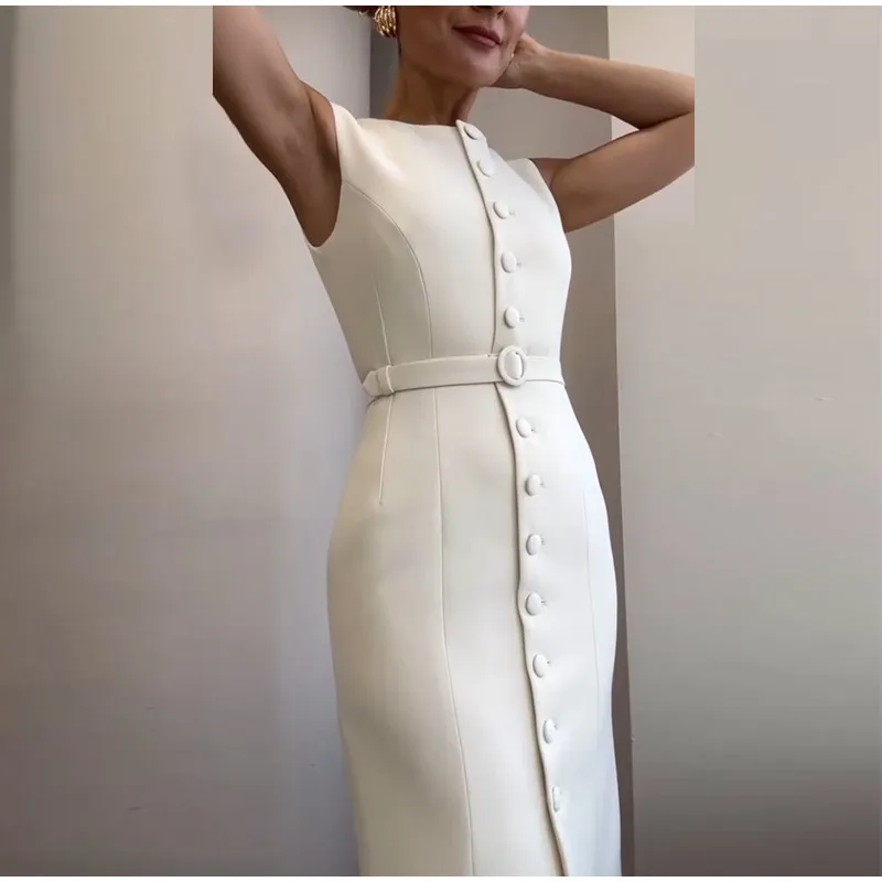 Elegant Single Breasted Tank Dress Women Belts Sleeveless O-neck Slim Solid 2025 Spring Dresses Commute Street Split Lady Robe