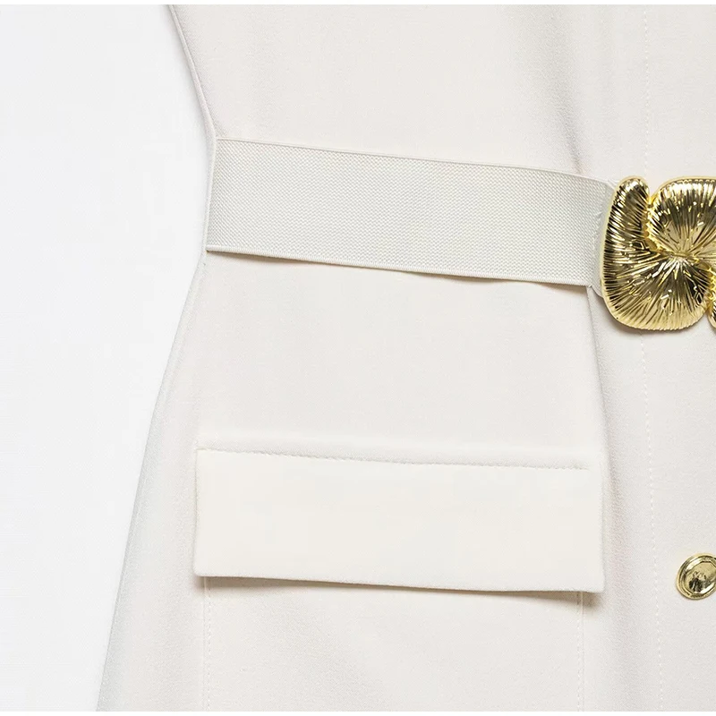 Elegant Single Breasted Tank Dress Women Belts Sleeveless O-neck Slim Solid 2025 Spring Dresses Commute Street Split Lady Robe