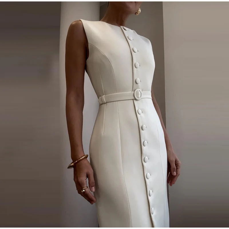 Elegant Single Breasted Tank Dress Women Belts Sleeveless O-neck Slim Solid 2025 Spring Dresses Commute Street Split Lady Robe