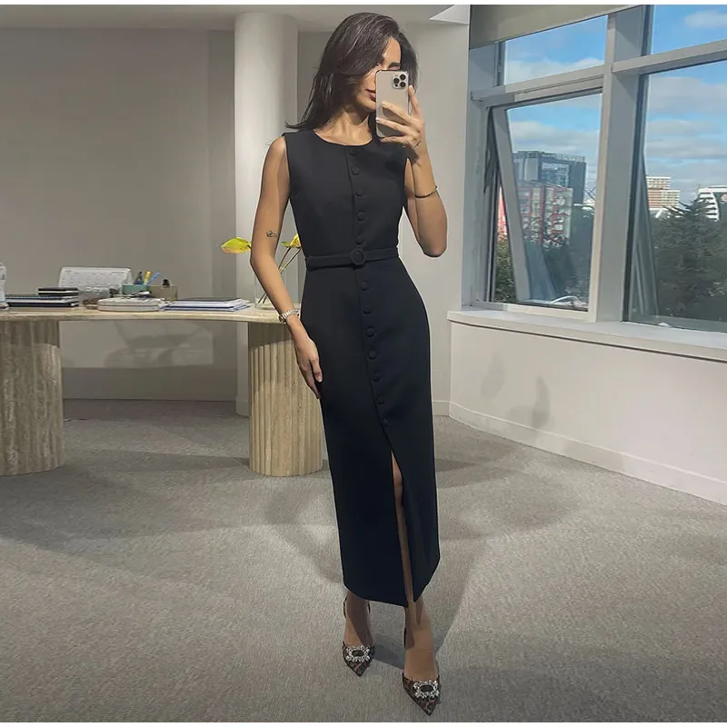 Elegant Single Breasted Tank Dress Women Belts Sleeveless O-neck Slim Solid 2025 Spring Dresses Commute Street Split Lady Robe
