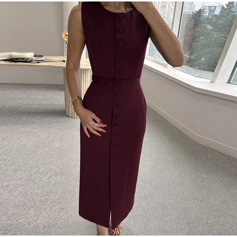 Elegant Single Breasted Tank Dress Women Belts Sleeveless O-neck Slim Solid 2025 Spring Dresses Commute Street Split Lady Robe