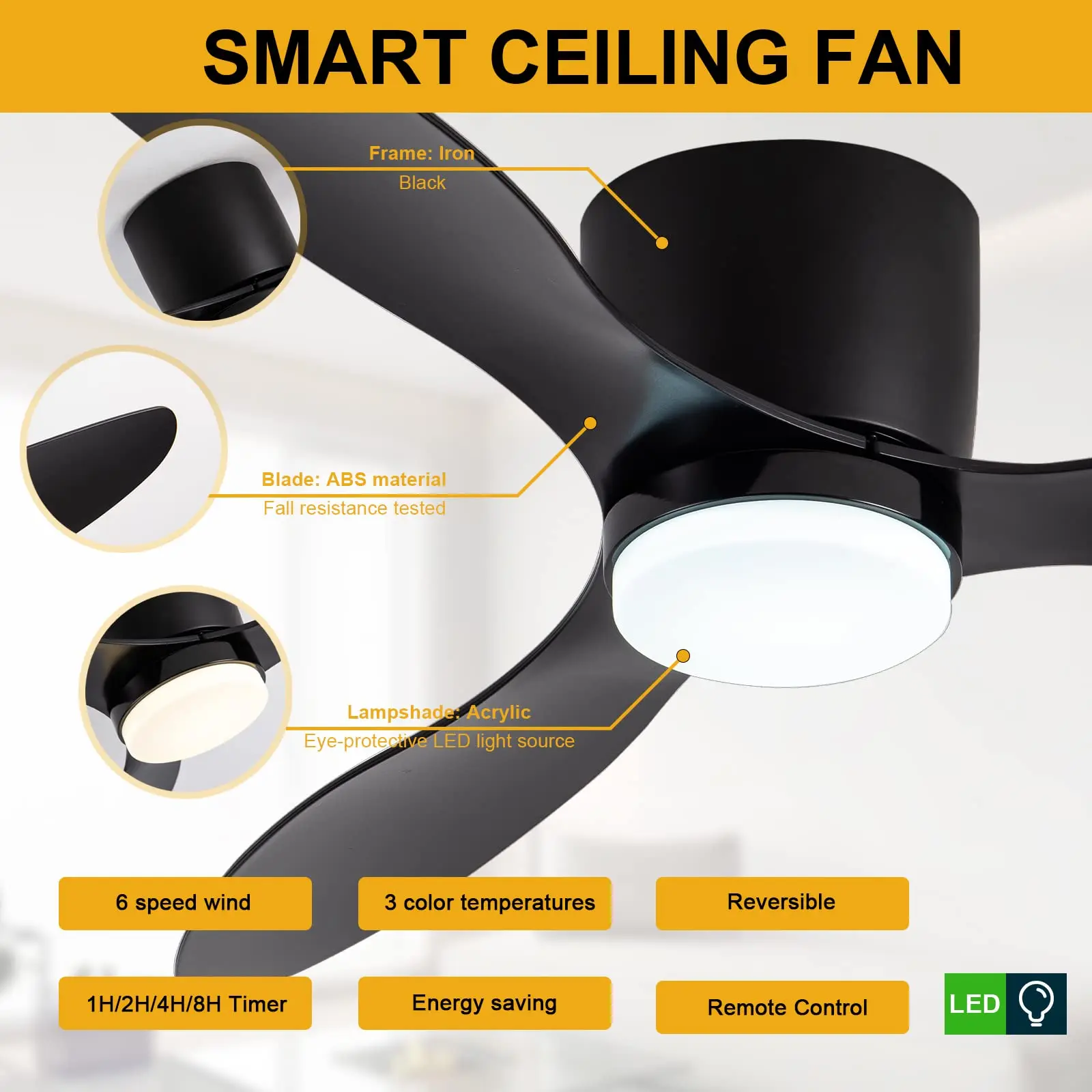IRALAN Low Floor 52inch Ceiling Fan Modern Bedroom LED Fan Light Dining Living Room Ceiling Lamp Fan Household Electric Fan