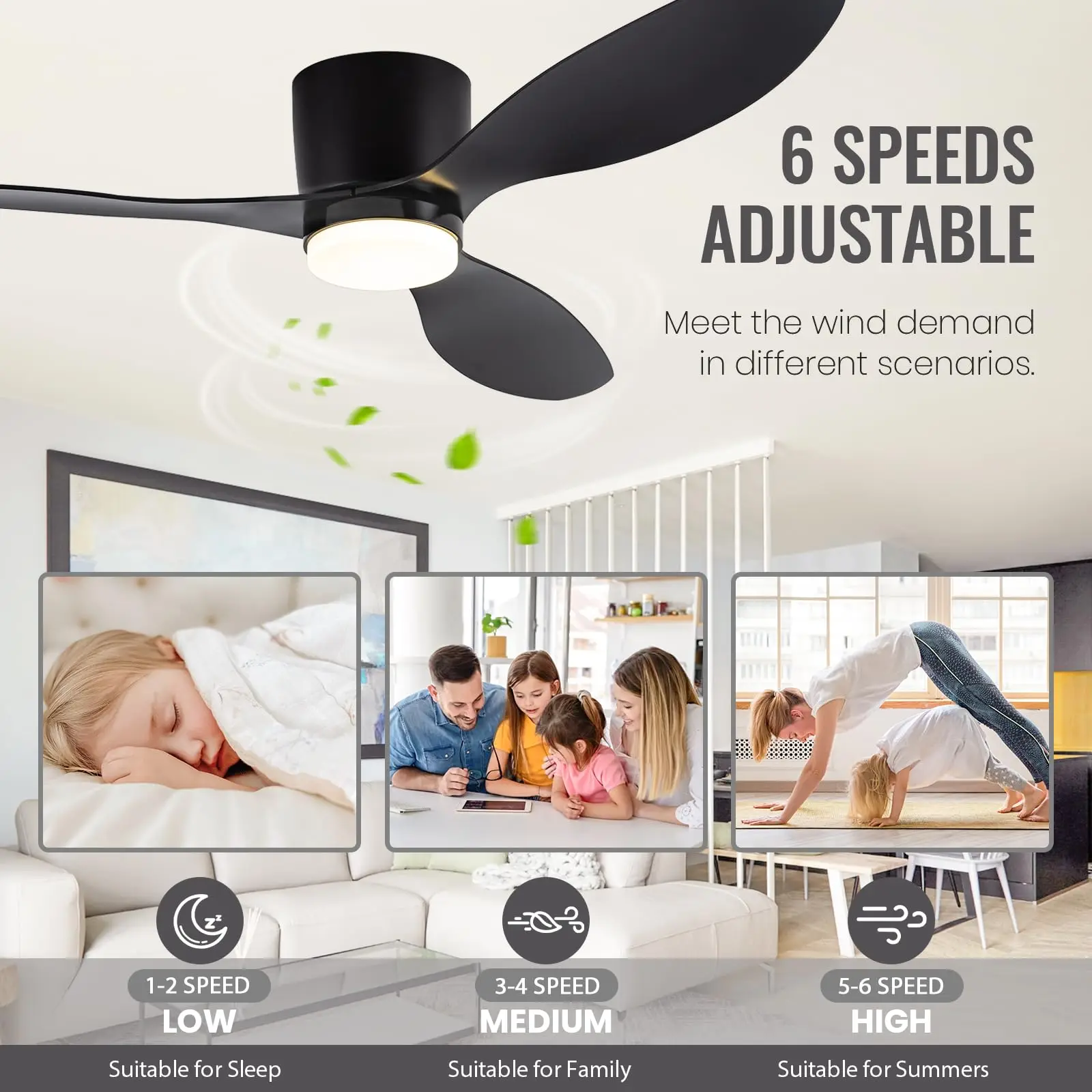 IRALAN Low Floor 52inch Ceiling Fan Modern Bedroom LED Fan Light Dining Living Room Ceiling Lamp Fan Household Electric Fan