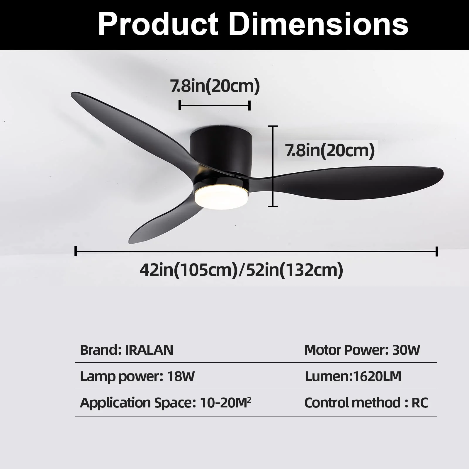 IRALAN Low Floor 52inch Ceiling Fan Modern Bedroom LED Fan Light Dining Living Room Ceiling Lamp Fan Household Electric Fan