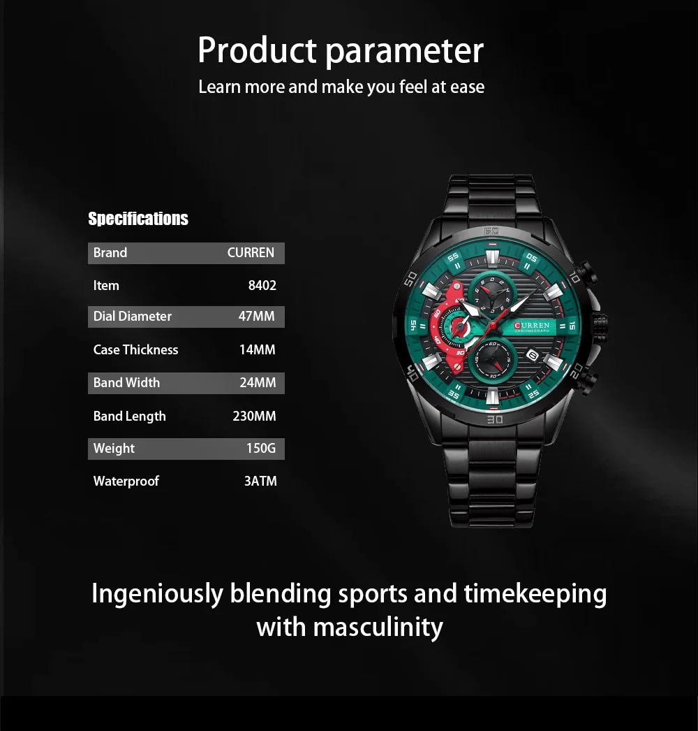 CURREN 8402 Men's Stainless Steel Watch Creative Fashion Luminous Dial with Chronograph Leisure Luxury Men's Watch Reloj Hombre