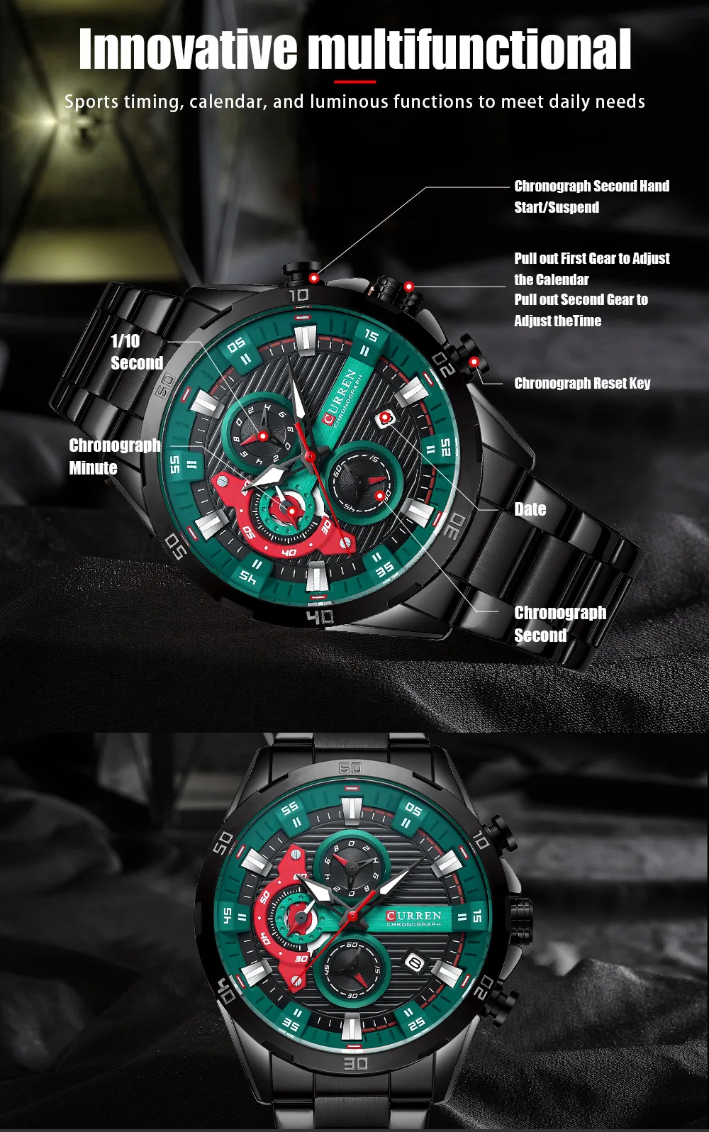 CURREN 8402 Men's Stainless Steel Watch Creative Fashion Luminous Dial with Chronograph Leisure Luxury Men's Watch Reloj Hombre