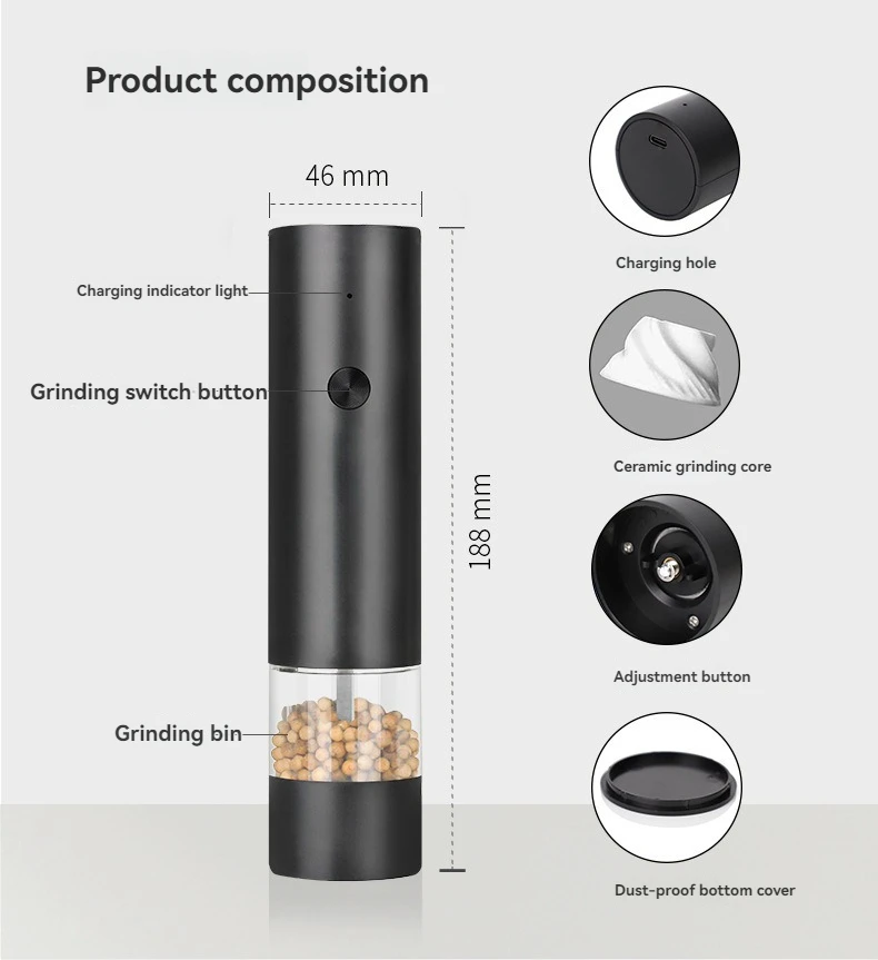 USB Rechargeable Electric Salt and Pepper Grinder Adjustable Coarseness Large Capacity Auto Spices Grinders Kitchen Cooking Tool