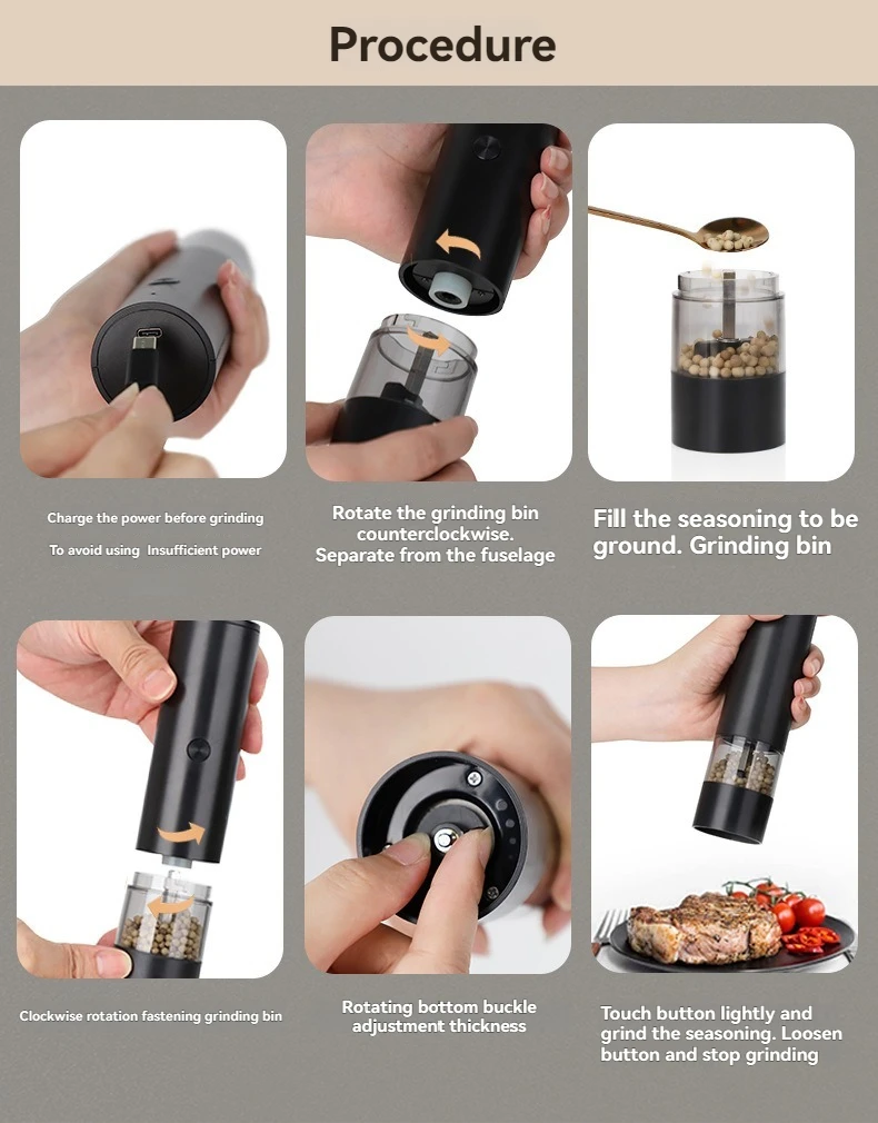 USB Rechargeable Electric Salt and Pepper Grinder Adjustable Coarseness Large Capacity Auto Spices Grinders Kitchen Cooking Tool