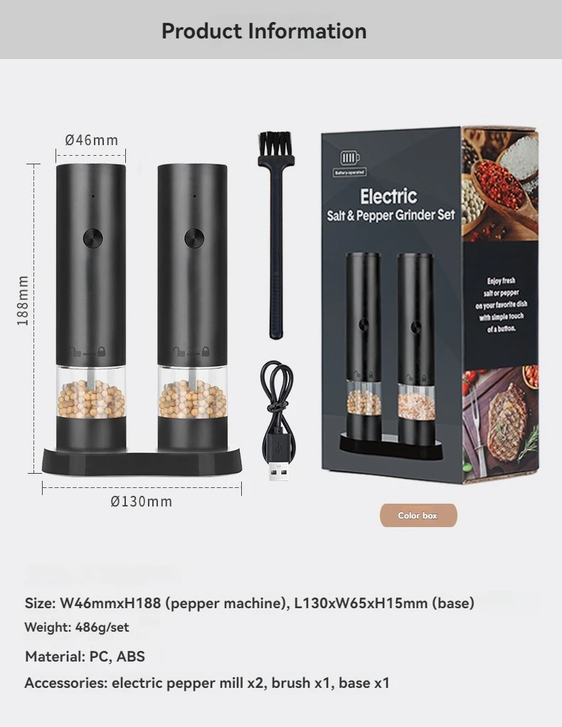 USB Rechargeable Electric Salt and Pepper Grinder Adjustable Coarseness Large Capacity Auto Spices Grinders Kitchen Cooking Tool