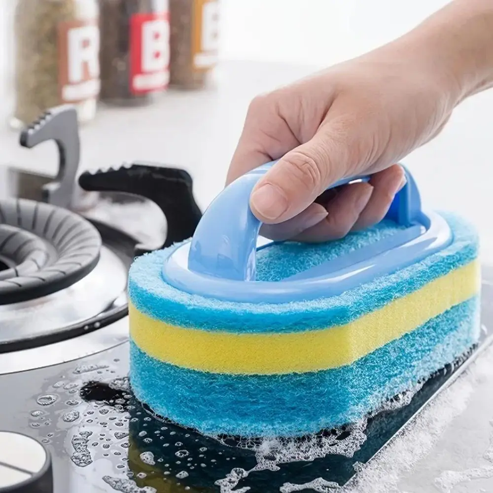 Multi Functional Cleaning Sponge with Handle for Kitchen Bathroom Tile Glass Bathtub Stain Removal Easy Grip Design