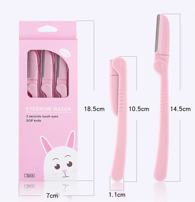 3Pcs/Set Pink Folding Eyebrow Trimmer Armpit Hair Razor Beauty Face Eye Brow Shaper Shaver Stainless Steel Blades Makeup Tools