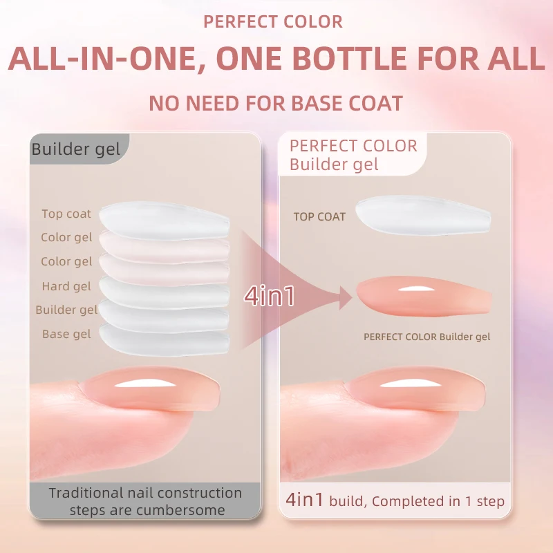 PERFECT COLOR 4-in-1 Builder Nail Gel,20g 12 Colors Rubber Base Gel Polish,Extension for DIY Salon Girls Home,Nail Art Brushes