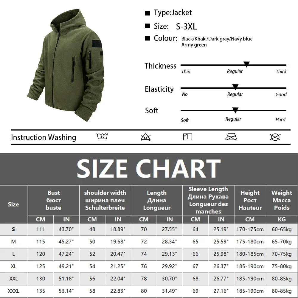 Men's Tactical Fleece Jacket Full Zip Hooded Coat Warm Casual Hoodies Camping Hiking Running Jogger Sports Jacket Men Streetwear