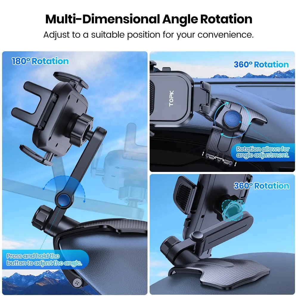 TOPK Car Phone Holder for Dashboard [Multi-Angles&Stable] Adjustable Cell Car Phone Mount Anti-slip Silicone Clip for Smartphone