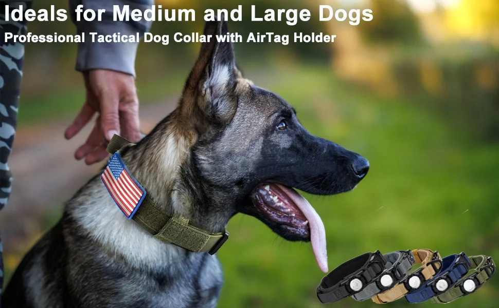 Tactical AirTag Dog Collar, with AirTag Holder and Handle Military Dog Metal Buckle Adjustable GPS Collar for Medium Large Dogs