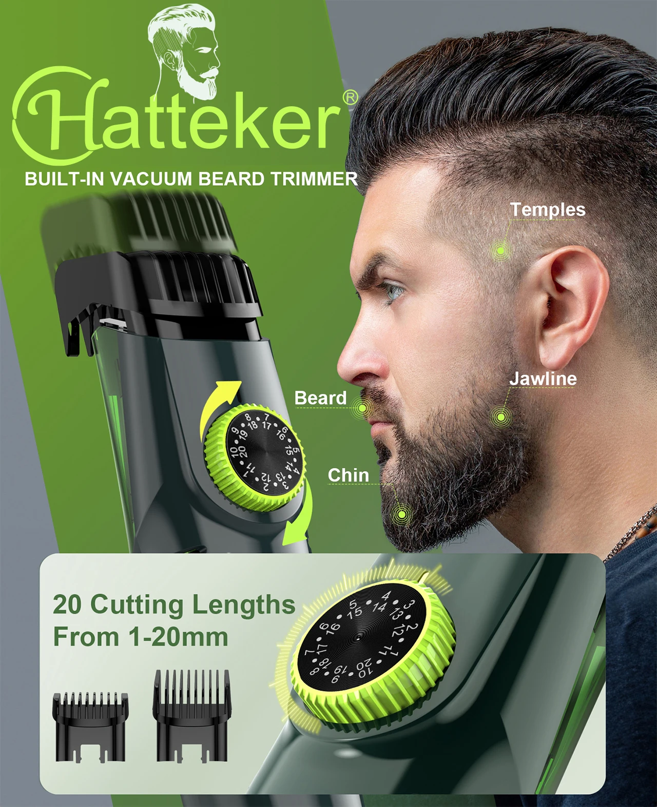 Solimpia Cordless Beard Trimmer Men Rechargeable Electric Shaver Built-in Vacuum Clipper for Mustache Sideburns IPX6 Washable