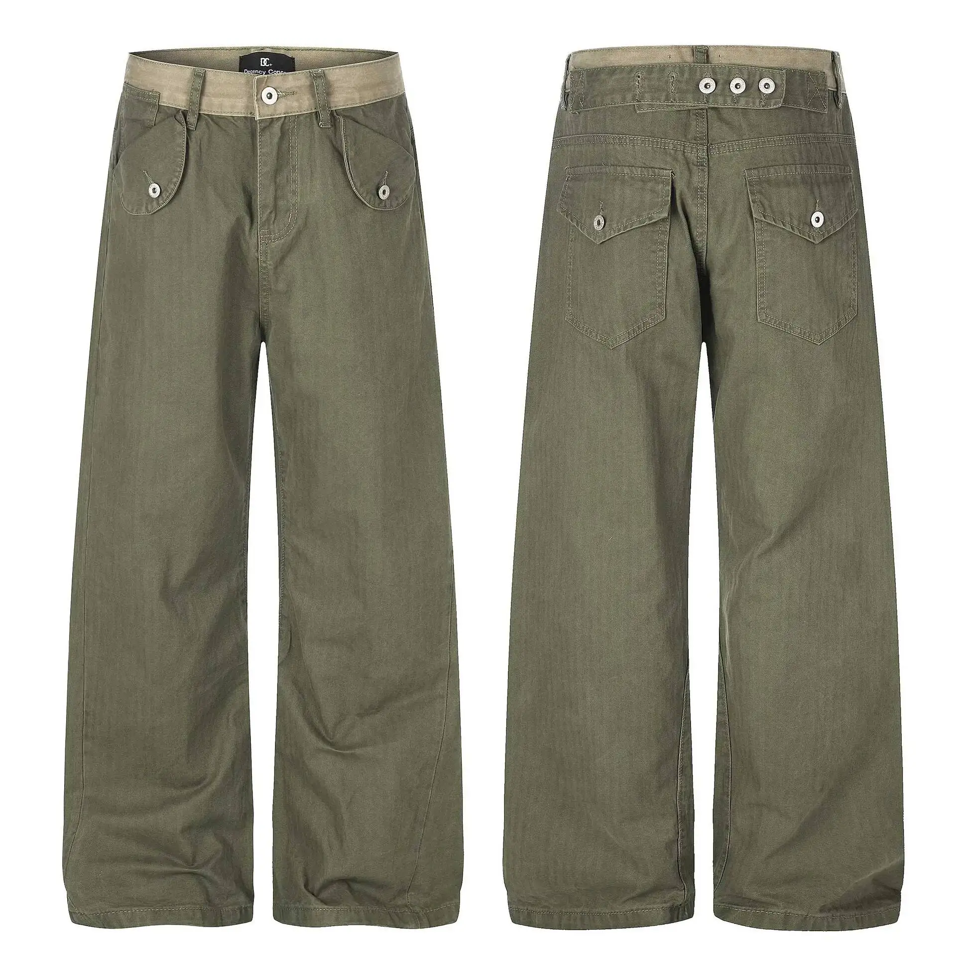 IEFB Vintage Washed Herringbone Cargo Straight Pants For Men Deconstruct Pocket Loose Wide Leg Casual Street Trousers 9X4082