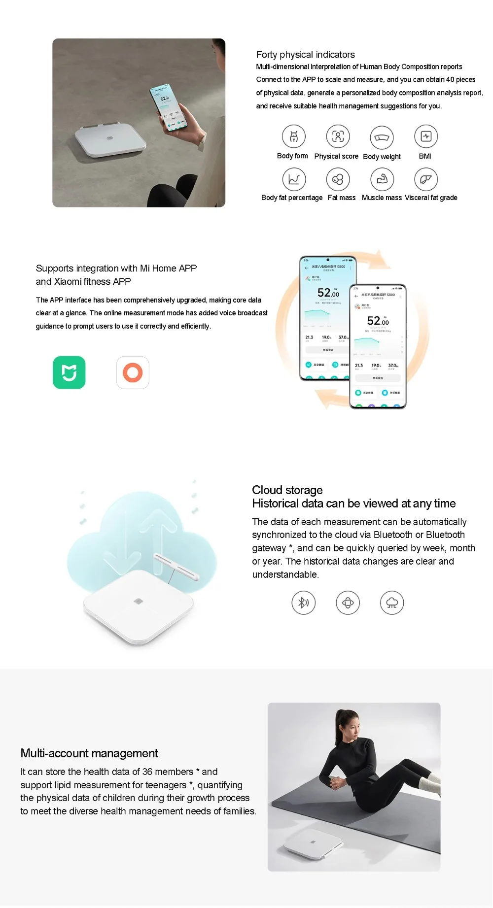 XIAOMI Smart Body Fat Scale S800 8-Electrode Dual Band Heart Rate Detection Body Fat & Water Content Testing 150KG CN Version