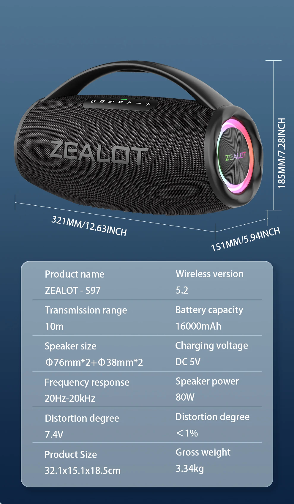 ZEALOT S97 80W Portable Bluetooth Speaker High Volume Waterproof 16000mAh Wireless TWS Subwoofer Suporrt USB/TF/AUX RGB Light.
