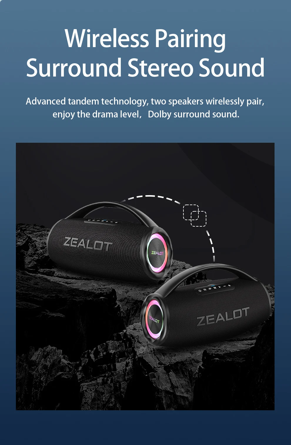 ZEALOT S97 80W Portable Bluetooth Speaker High Volume Waterproof 16000mAh Wireless TWS Subwoofer Suporrt USB/TF/AUX RGB Light.