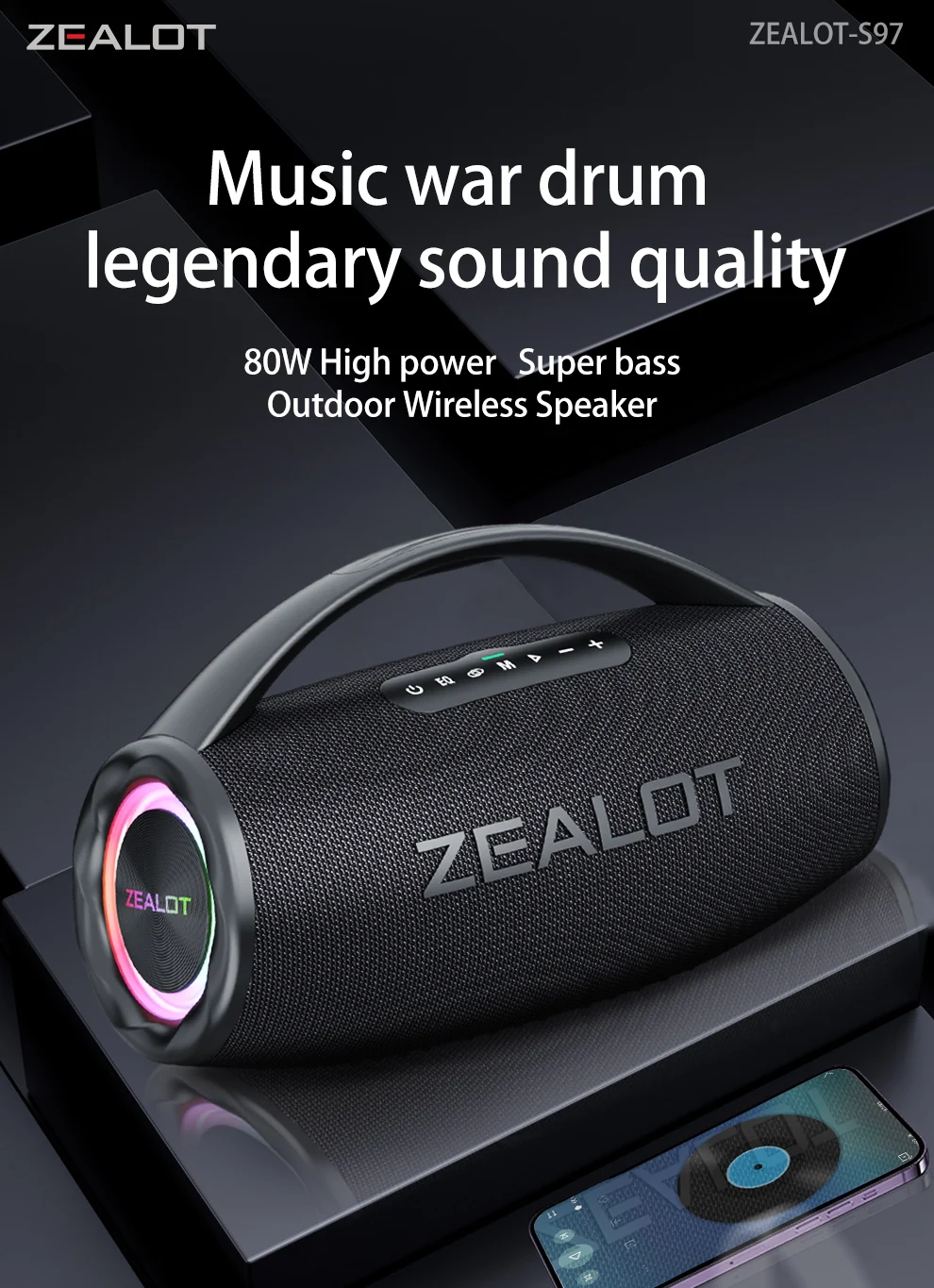 ZEALOT S97 80W Portable Bluetooth Speaker High Volume Waterproof 16000mAh Wireless TWS Subwoofer Suporrt USB/TF/AUX RGB Light.