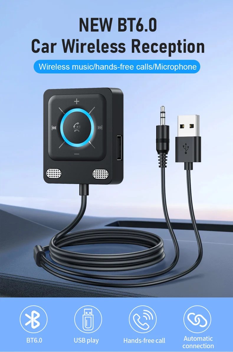 USB Bluetooth 6.0 Car Receiver Adapter with Mics and Noise Cancellation, 3.5Mm USB AUX Bluetooth Receiver Car Kit Stereo Audio