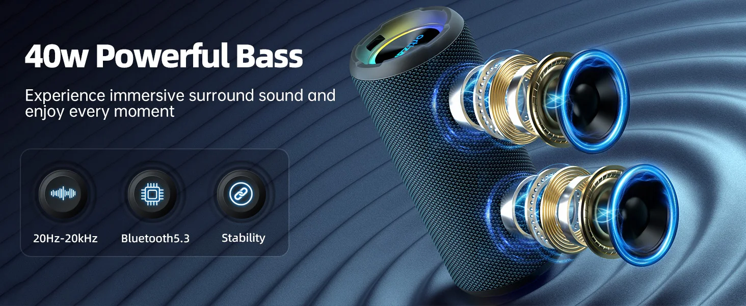 Ortizan Bluetooth Speakers 40W TWS Portable Speaker with Stereo Sound Bass, Bluetooth 5.3 Wireless USB Type C Outdoor, 6600mAh Battery