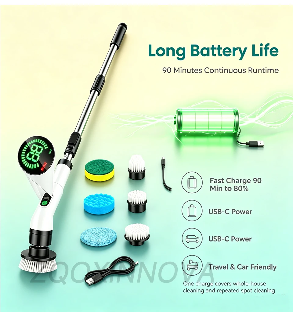Electric Spin Scrubber, Bathroom Cordless Cleaning Brush Power Scrubber with Replaceable Brush Heads, Electric Cleaning Brush
