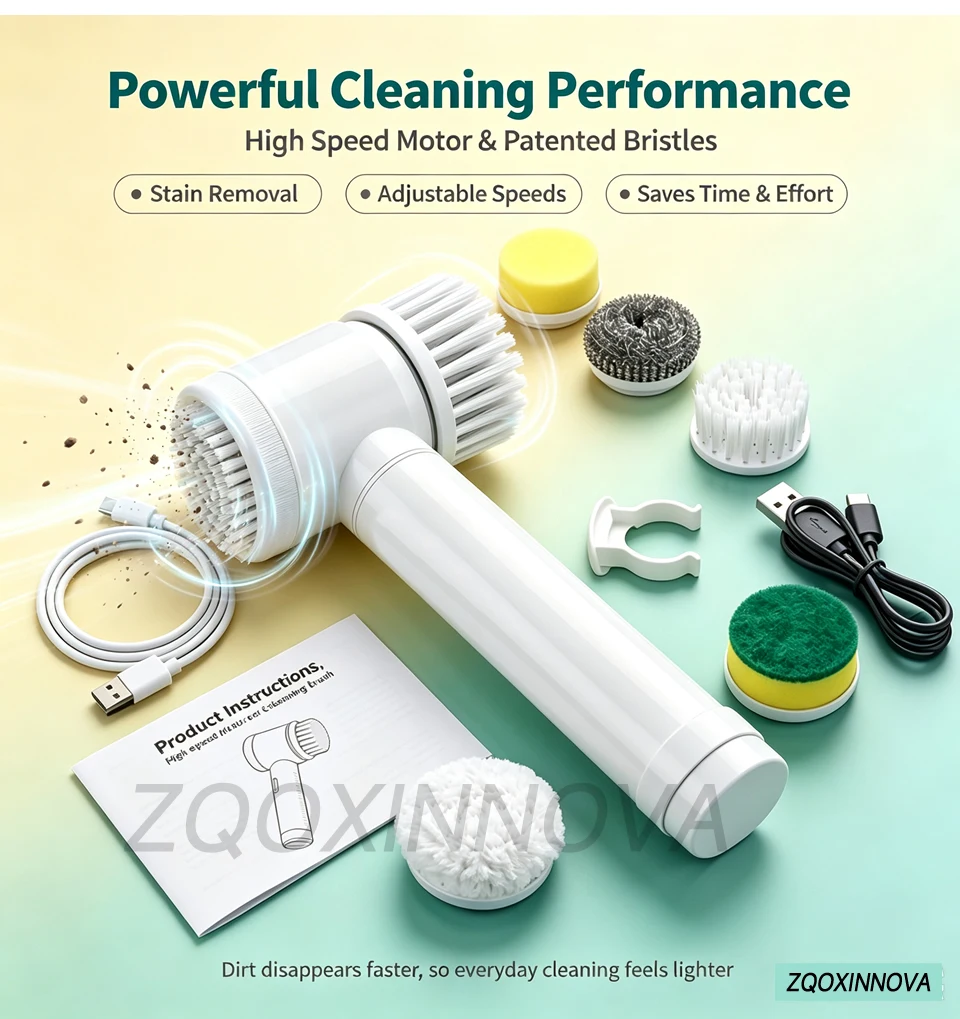 Electric Spin Scrubber, Bathroom Cordless Cleaning Brush Power Scrubber with Replaceable Brush Heads, Electric Cleaning Brush