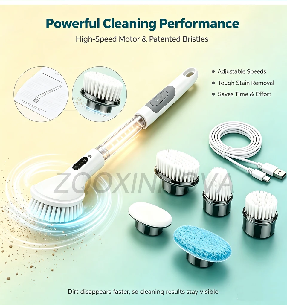 Electric Spin Scrubber, Bathroom Cordless Cleaning Brush Power Scrubber with Replaceable Brush Heads, Electric Cleaning Brush