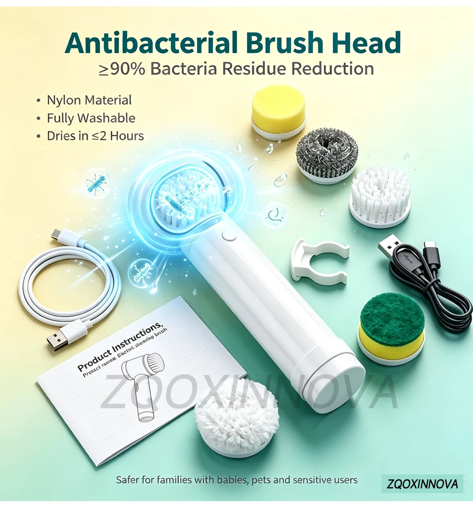 Electric Spin Scrubber, Bathroom Cordless Cleaning Brush Power Scrubber with Replaceable Brush Heads, Electric Cleaning Brush