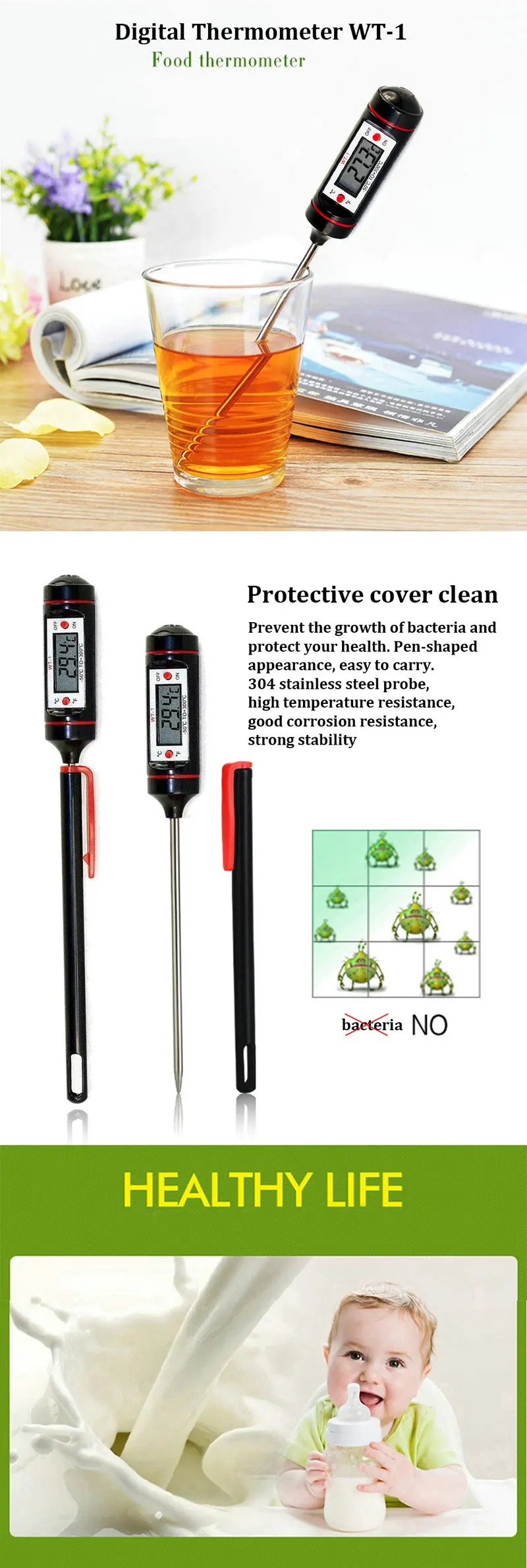 Portable Digital Kitchen Thermometer BBQ Meat Water Oil Cooking Electronic Probe Food Oven Thermometer WT-1 With Tube
