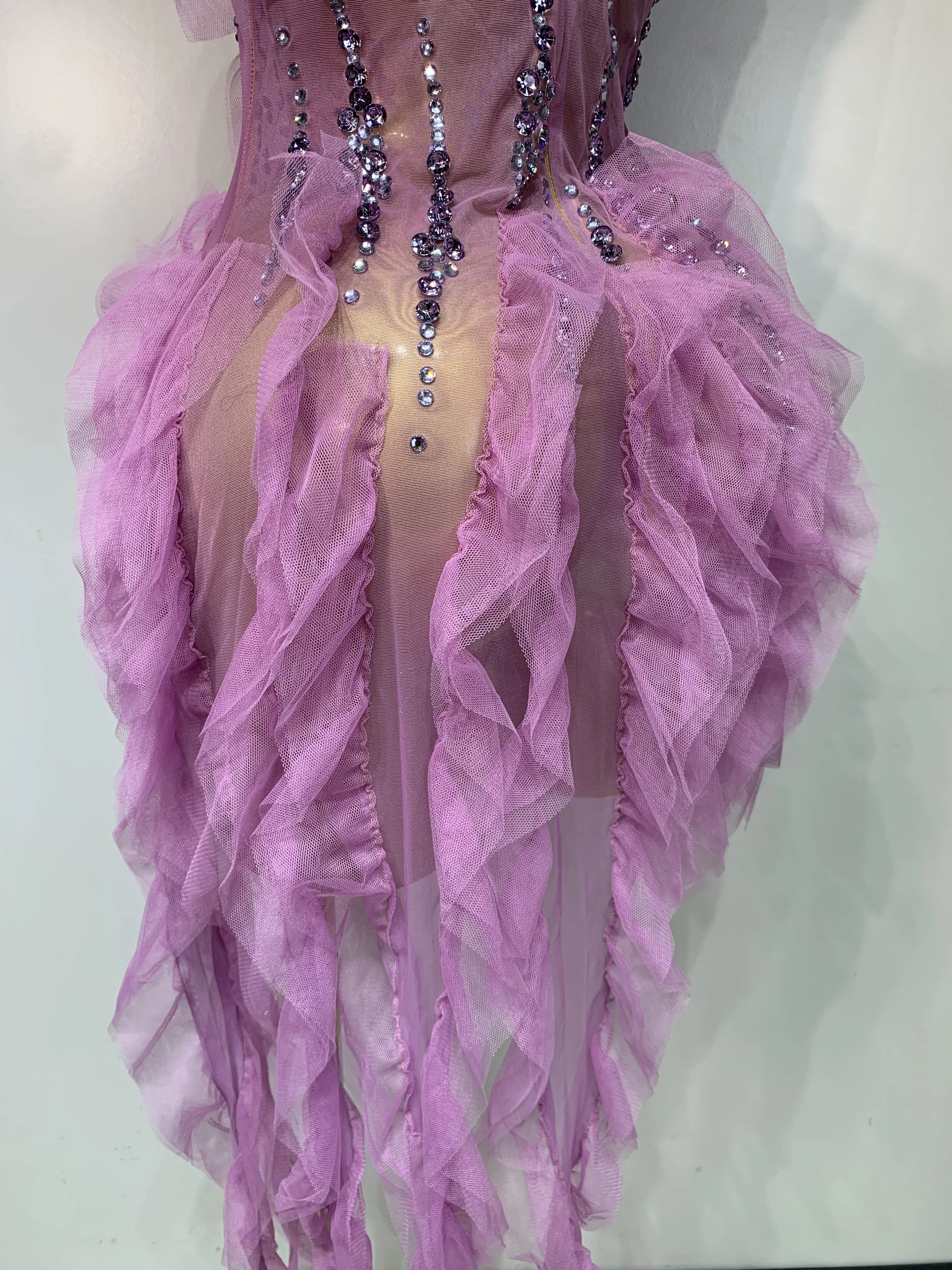 Women Sexy Mesh Ruffle See Through Mini Dress Sparkly Rhinestone Evening Party Prom Gown Nightclub Singer Stage Costume