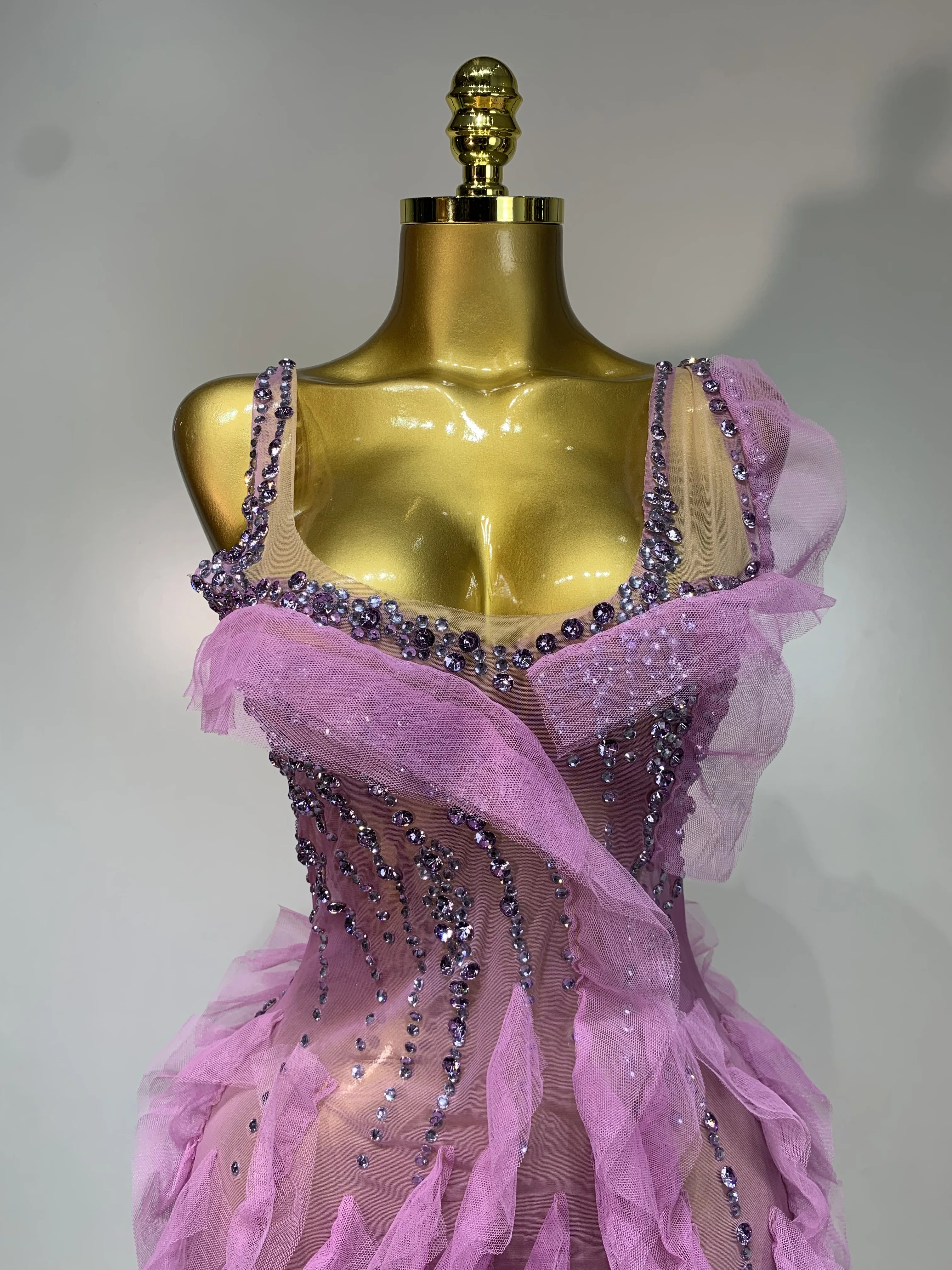 Women Sexy Mesh Ruffle See Through Mini Dress Sparkly Rhinestone Evening Party Prom Gown Nightclub Singer Stage Costume