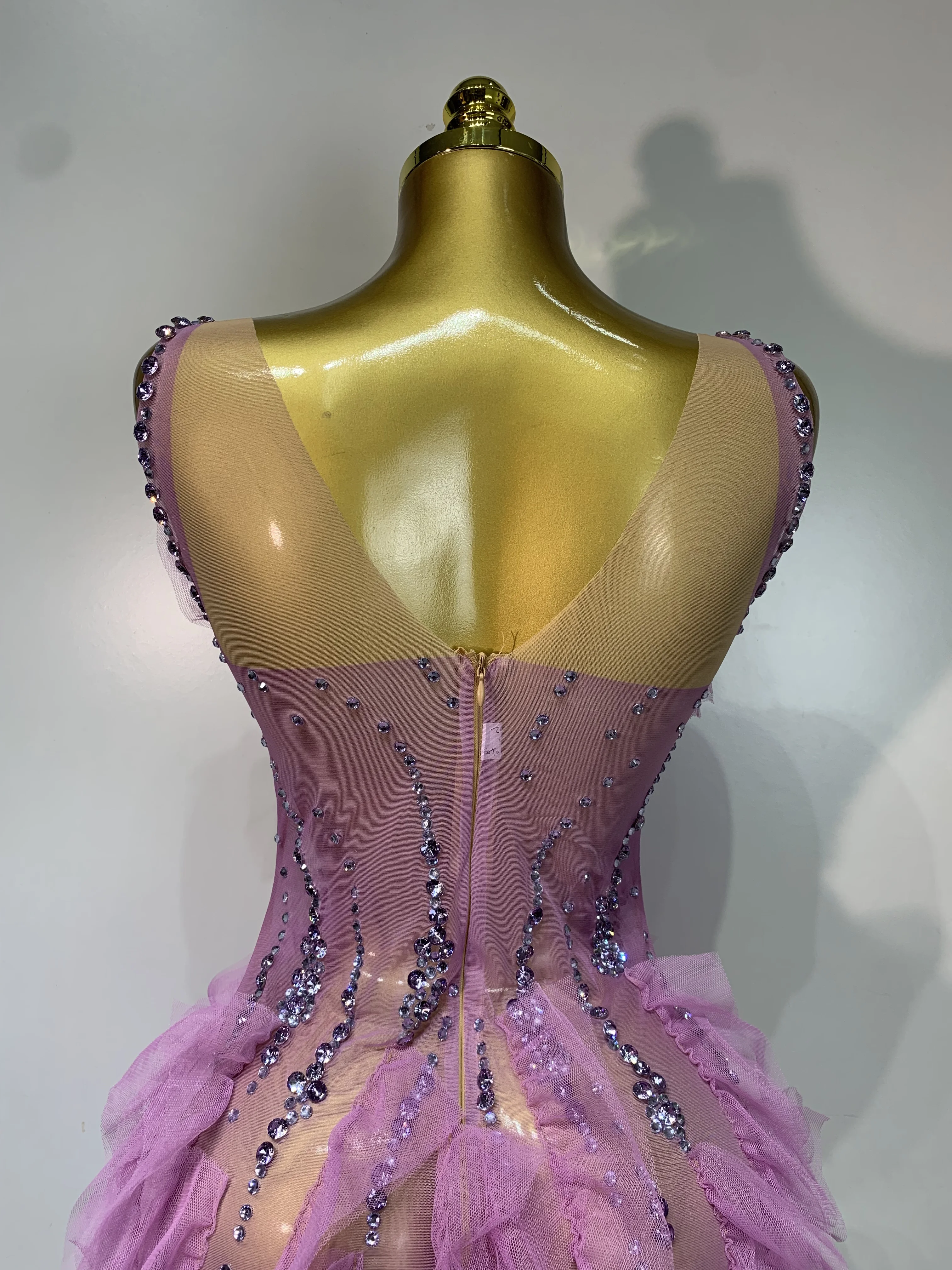 Women Sexy Mesh Ruffle See Through Mini Dress Sparkly Rhinestone Evening Party Prom Gown Nightclub Singer Stage Costume