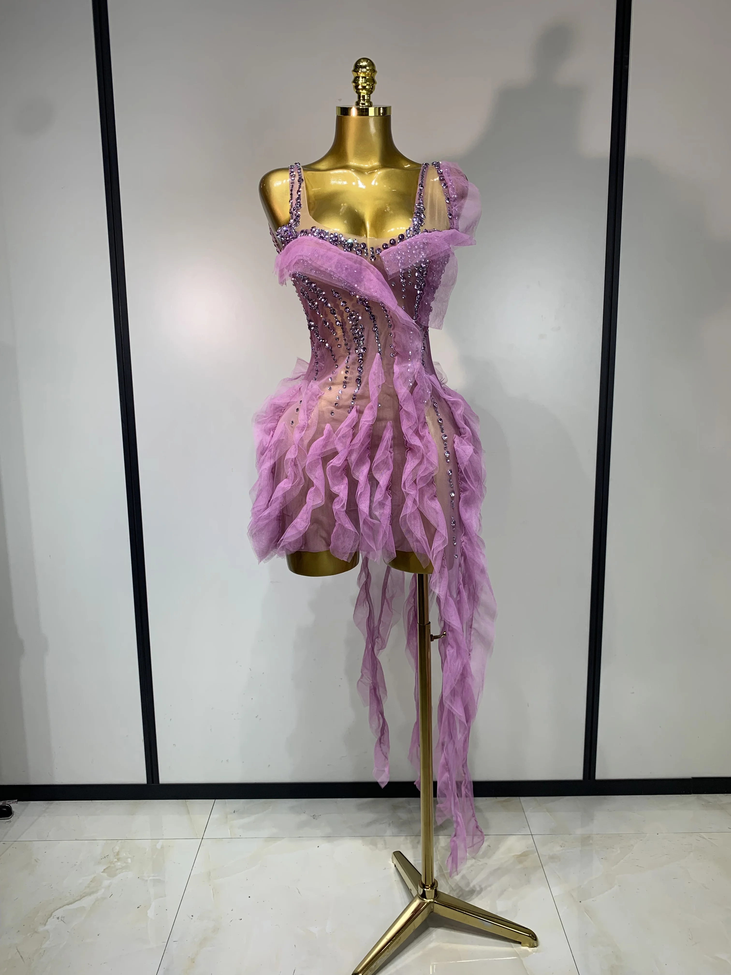 Women Sexy Mesh Ruffle See Through Mini Dress Sparkly Rhinestone Evening Party Prom Gown Nightclub Singer Stage Costume