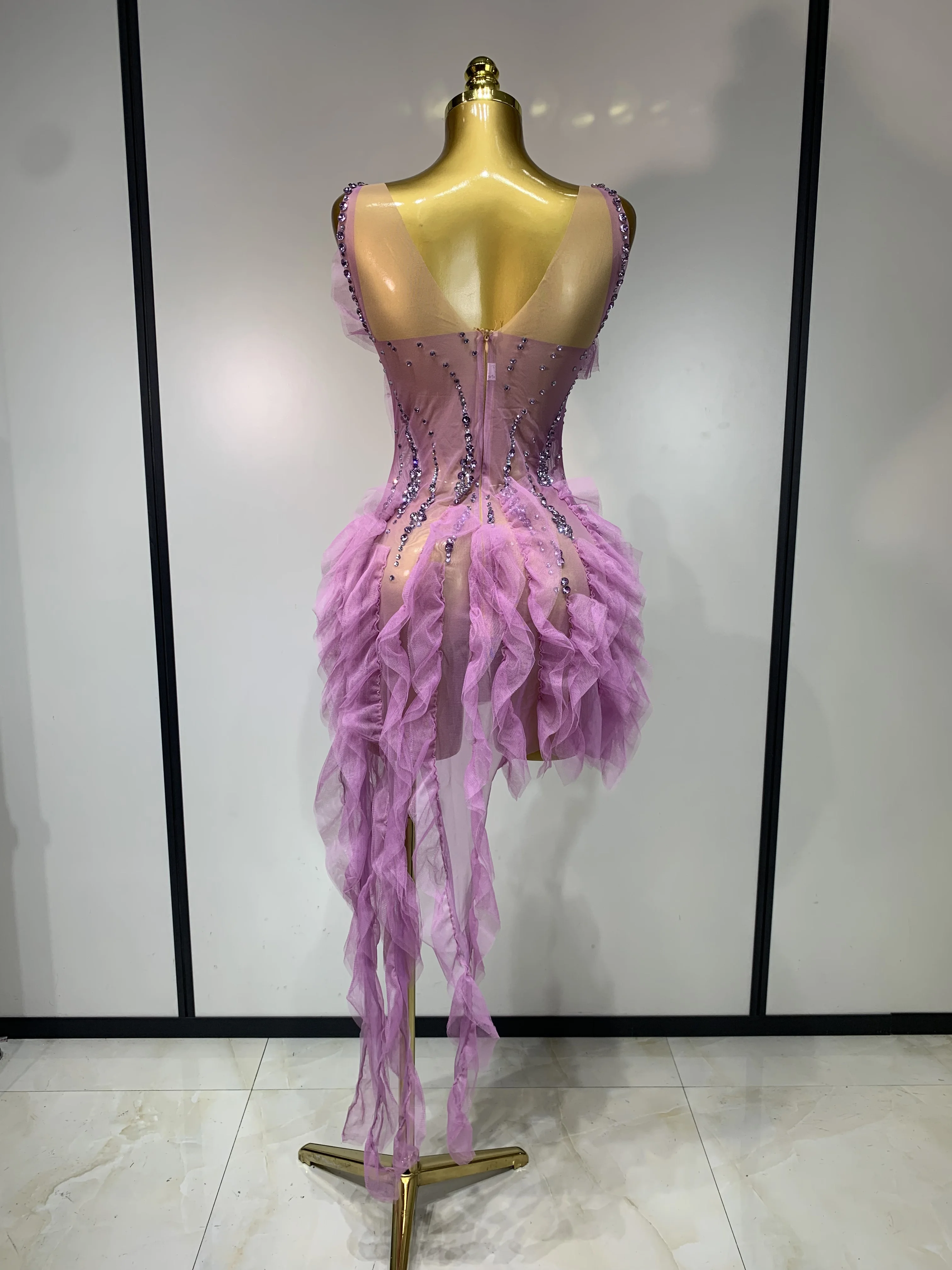 Women Sexy Mesh Ruffle See Through Mini Dress Sparkly Rhinestone Evening Party Prom Gown Nightclub Singer Stage Costume