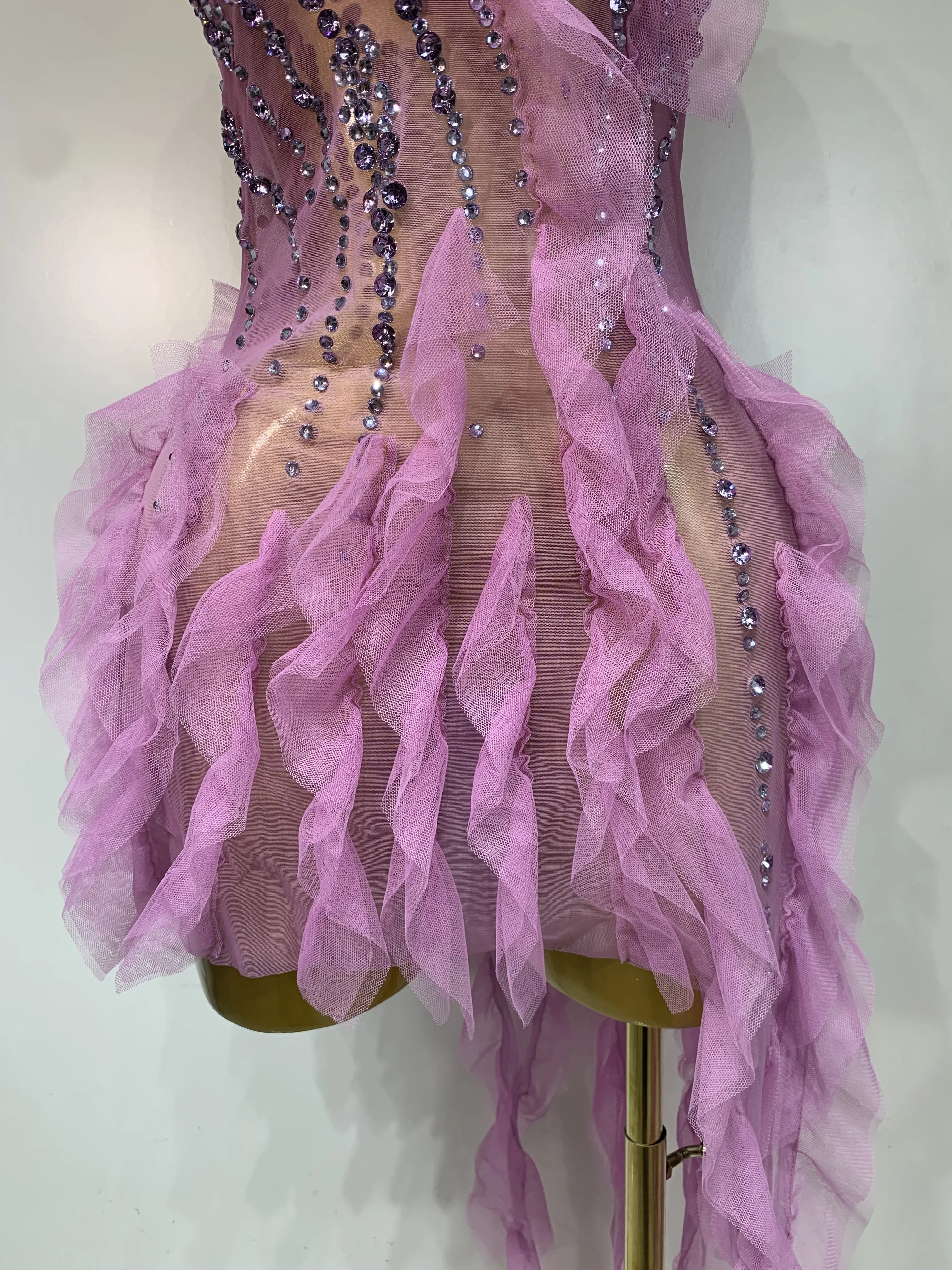 Women Sexy Mesh Ruffle See Through Mini Dress Sparkly Rhinestone Evening Party Prom Gown Nightclub Singer Stage Costume